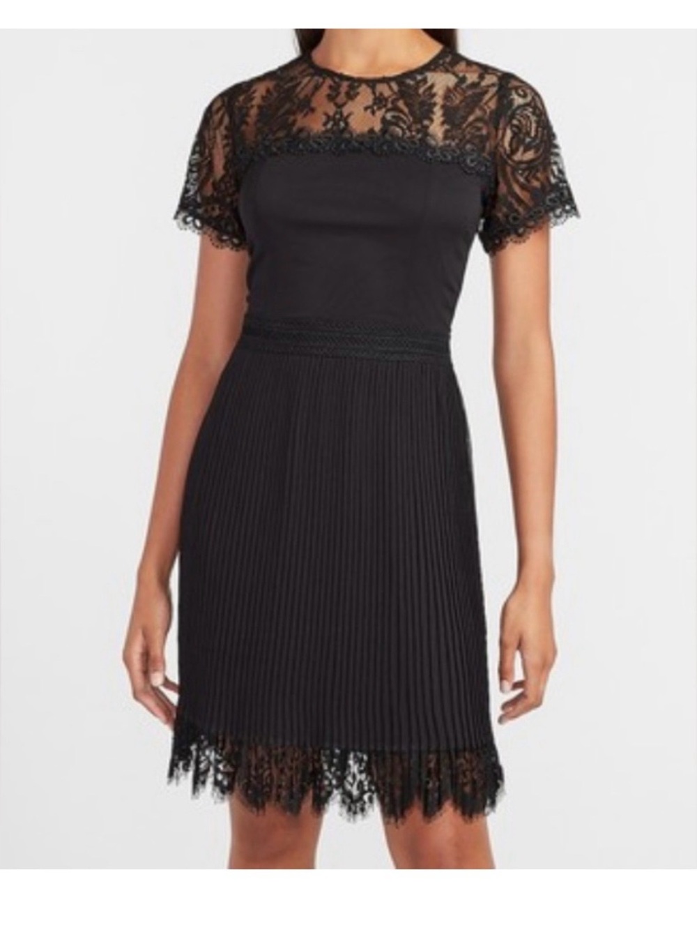 Express Black Lace Pleated Fit & Flare Dress